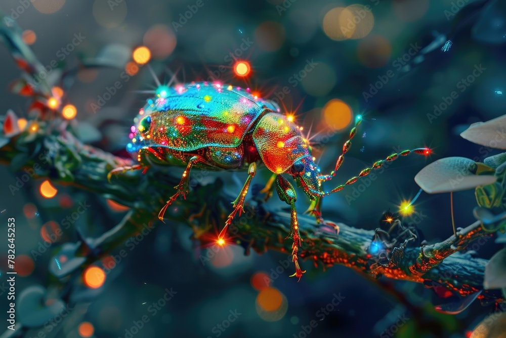 Fototapeta premium A neon-bright beetle crawling on a branch