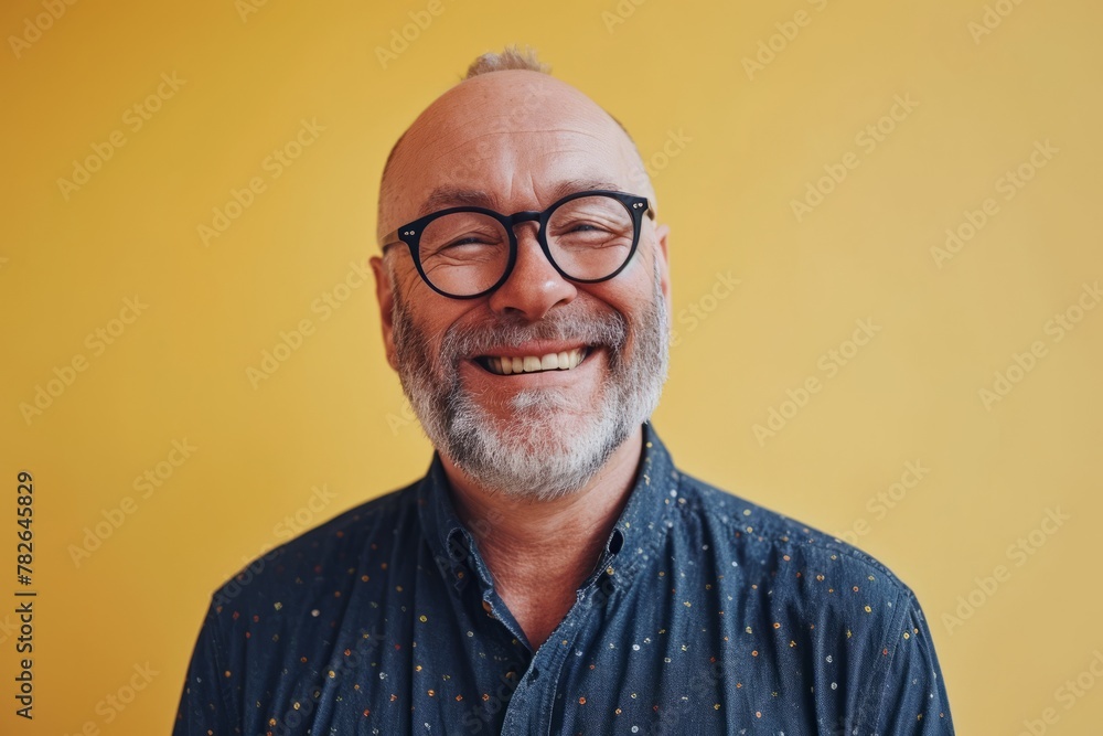 Portrait of happy senior man with eyeglasses looking at camera over yellow background Portrait of happy senior man with eyeglasses looking at camera over yellow background