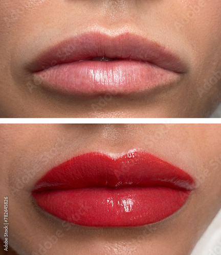 permanent makeup on the lips of a young woman of a delicate peach shade close-up, a girl after a cosmetic procedure with smooth and clean healthy skin.