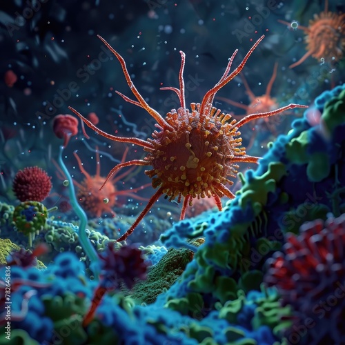 An animated 3D depiction of the lytic cycle of a bacteriophage infecting a bacterial cell.