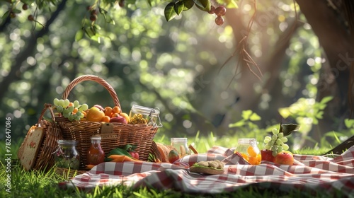 A picnic scene with a wicker basket overflowing with delicious treats.Alongside sandwiches and fruit, several glass jars containing homemade pickled vegetables peek out. photo