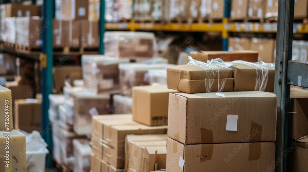 A warehouse filled with stacks of cardboard boxes and packaging materials next to a smallscale artisanal soap making operation that uses recycled packaging materials and minimizes . A warehouse filled with stacks of cardboard boxes and packaging materials next to a smallscale artisanal soap making operation that uses recycled packaging materials and minimizes .