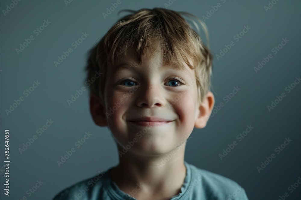 Portrait of a little boy in a blue T-shirt on a gray background Portrait of a little boy in a blue T-shirt on a gray background
