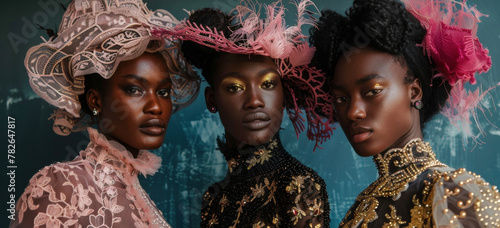 A group of three black women stand in a row each wearing a different haute couture ensemble that exudes elegance and grace. The way their outfits complement each other shows the harmony . photo