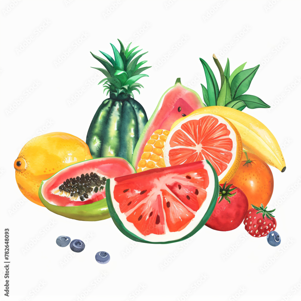 Naklejka premium Various of tasty summer fruits isolated on white background. Vegan eco fresh organic food, keto diet. Healthy life concept. Watercolor illustration for design banner, card, menu