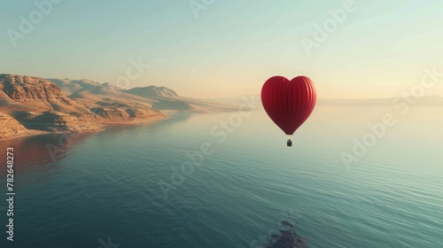 A hot air balloon in the shape of a heart floats gracefully over a shimmering body of water, reflecting the clear blue sky above. The colorful balloon casts a vibrant reflection on the waters surface.