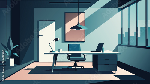 The office boasts a sleek modern look with a monochromatic color scheme. A plain stainless steel desk sits at the center of the room