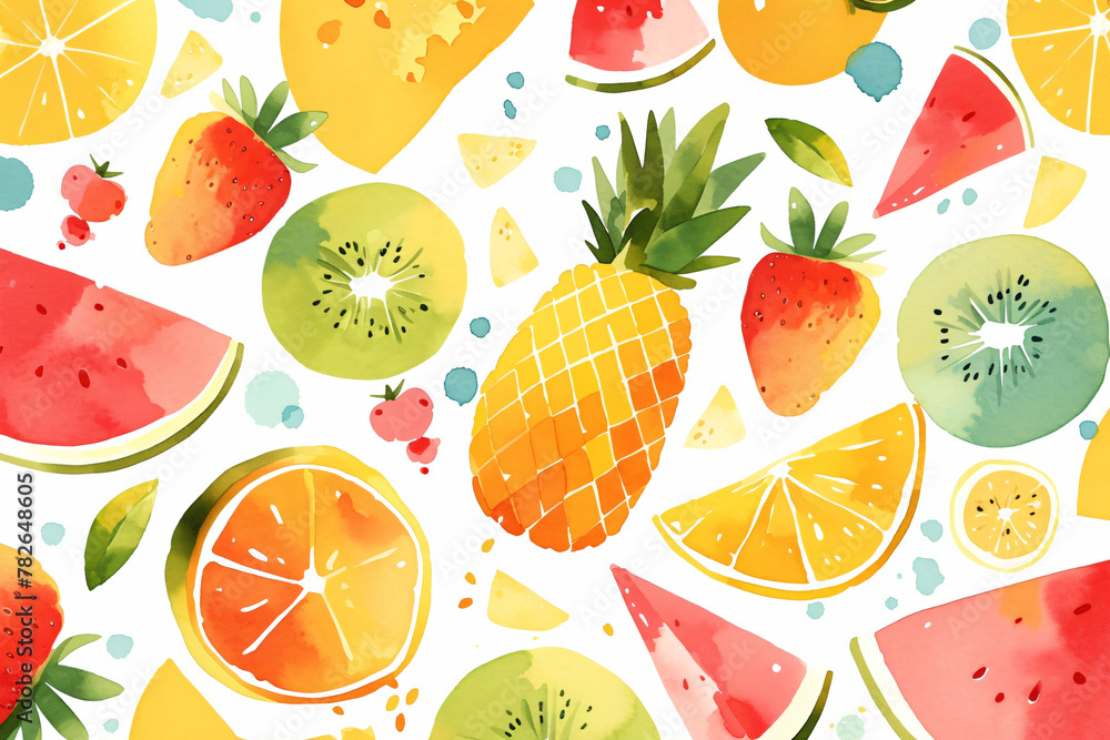 Beautiful pattern with watercolor tasty summer fruits on white background. Vegan eco fresh organic food, keto diet. Healthy life concept. Print for design paper, card, wallpaper, textile, menu Beautiful pattern with watercolor tasty summer fruits on white background. Vegan eco fresh organic food, keto diet. Healthy life concept. Print for design paper, card, wallpaper, textile, menu