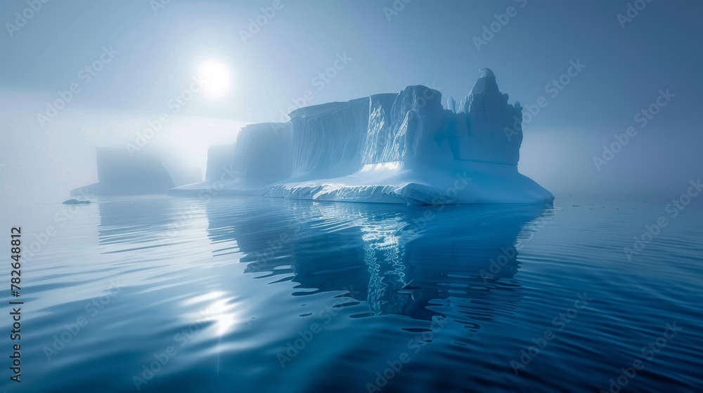 A massive iceberg with imposing symmetrical formations is floating in the middle of the ocean. The ice structure contrasts with the blue water surrounding it, creating a striking scene of natural