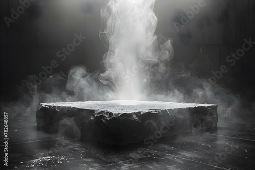 Ethereal Smoke Emanating from Mysterious Platform in Dark Ambience. Concept Smoke Photography, Dark Atmosphere, Mysterious Platform, Ethereal Aesthetics photo