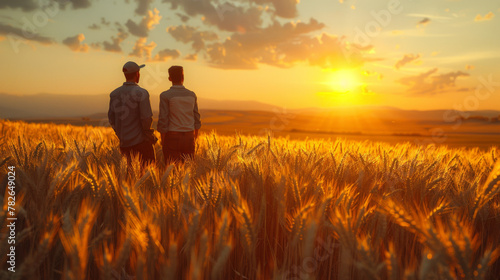 Two farmers in a field examining wheat crop