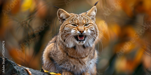 A bobcat is sitting in the forest in Angry  with autumn blurly forest background.
 photo