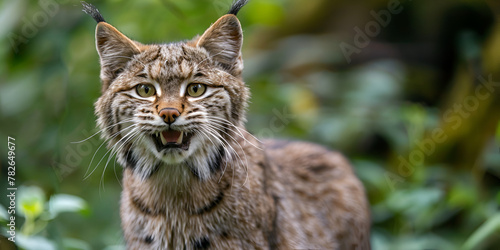 Bobcat staring close up danger in wilderness natural beauty portrait against blurly forest background.