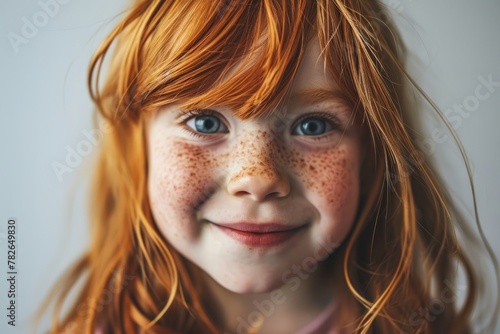 Portrait of redhead girl with freckles on her face photo