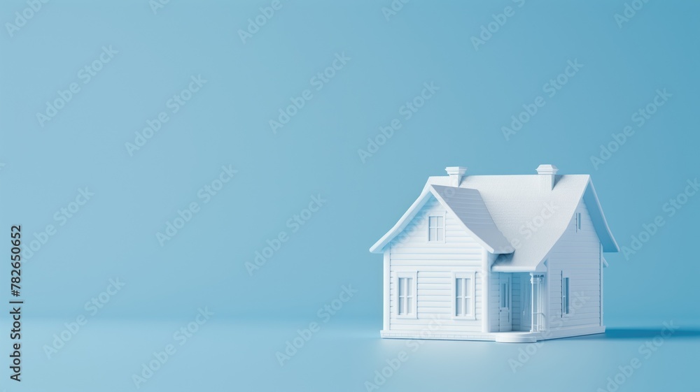 White model house on plain blue background with soft shadows, suggesting simplicity and real estate concepts White model house on plain blue background with soft shadows, suggesting simplicity and real estate concepts