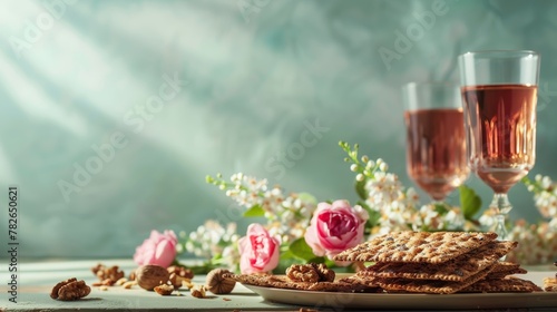 Passover celebration concept. Matzah  red kosher wine  walnut and spring beautiful rose flowers. Traditional ritual Jewish bread on light green background. Passover food. Pesach Jewish holiday