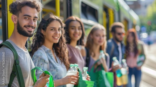 A group of diverse individuals waiting at a tram stop all holding reusable bags and water bottles. The biofuel tram pulling up to pick them up serves as a reminder of their reducing .