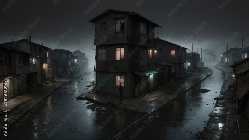 Obraz premium Watery reflections shimmer beneath ancient European town buildings bathed in moonlight