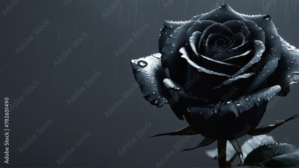 Black and white rose on black background with metal robot decoration