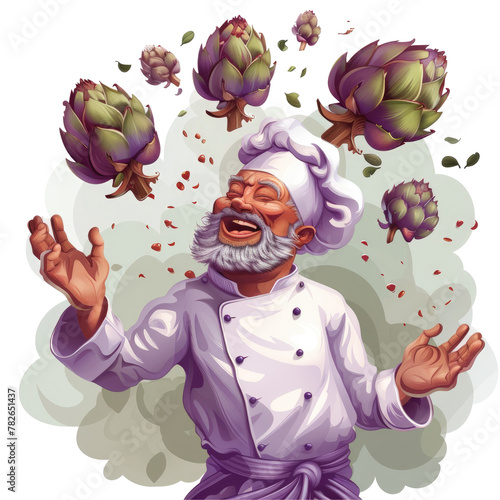A whimsical chef animatedly juggles artichokes amidst a mysterious fog backdrop, set against a transparent background. photo