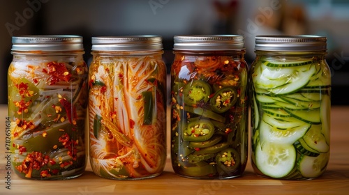 Spicy Kimchi, fermented jalapenos, pickled pepperoncini in glass jar