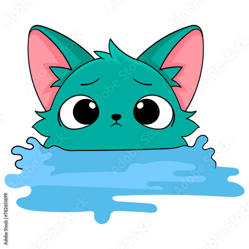 A kitten with a scared green face was swimming in stagnant water © Popular Vector