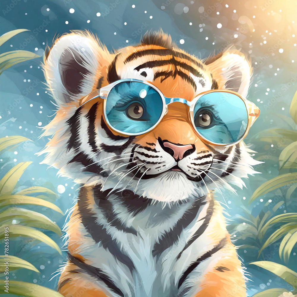 Cute baby tiger wearing sunglasses Cute baby tiger wearing sunglasses
