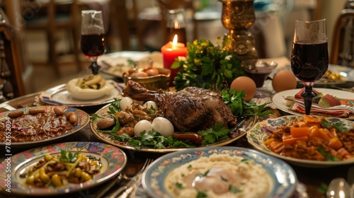 The table is adorned with a traditional Seder plate overflowing with symbolic foods: matzah, charoset, maror, shank bone, and a roasted egg,celebration concept (jewish Passover holiday)