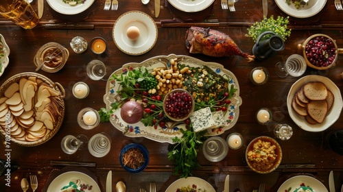 The table is adorned with a traditional Seder plate overflowing with symbolic foods  matzah  charoset  maror  shank bone  and a roasted egg celebration concept  jewish Passover holiday 