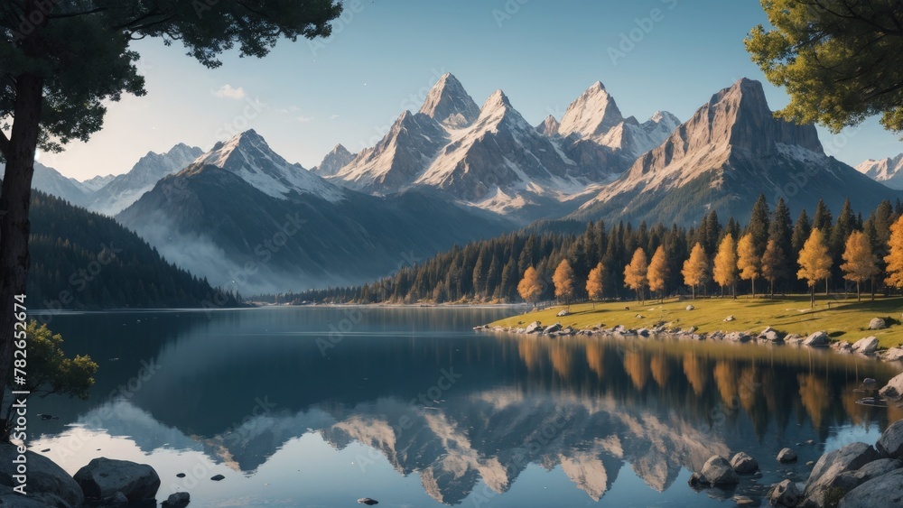 Obraz premium Scenic mountain lake reflects snow-capped peaks under a dramatic summer sky