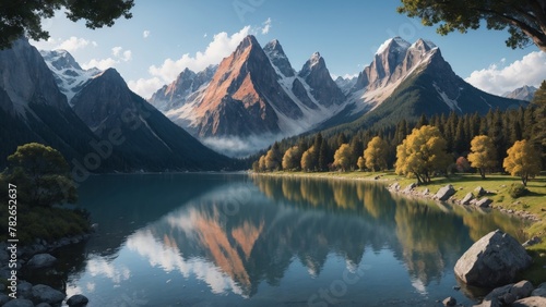 Breathtaking mountain lake reflects snow-capped peaks in a scenic state park landscape photo
