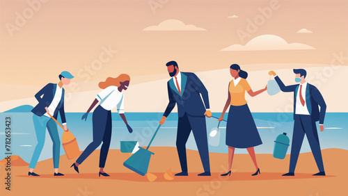 A group of coworkers in suits and ties putting aside their professional attire to participate in a beach clean up. They laugh and chat as they
