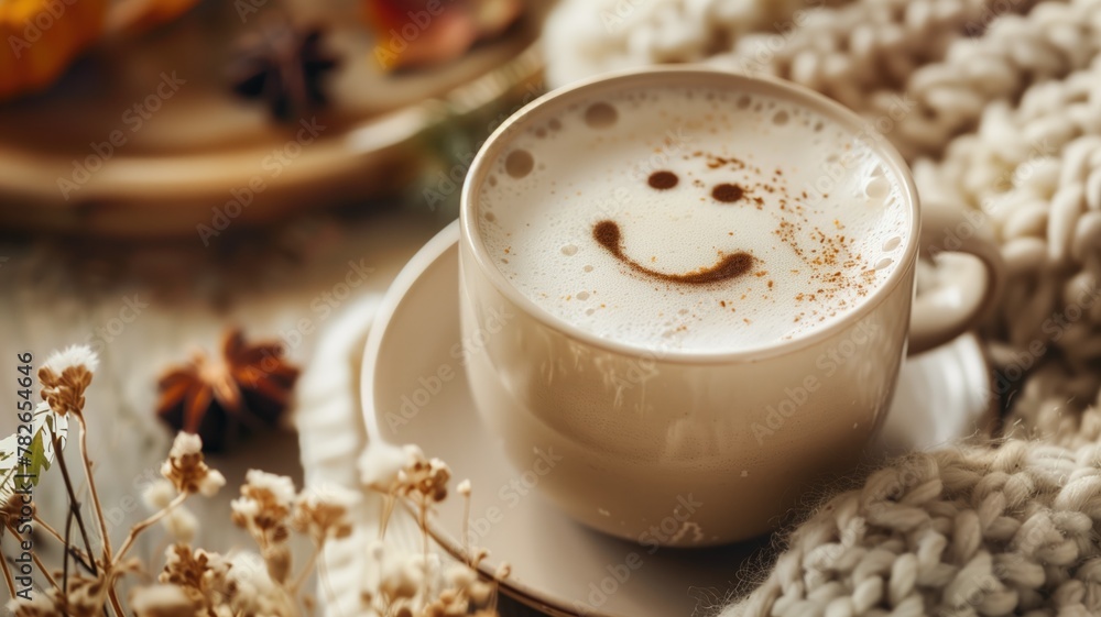 Cozy scene featuring smiling face drawn in foam of cappuccino on knitted background