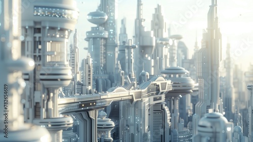 Futuristic cityscape with towering skyscrapers and interconnected bridges under clear sky