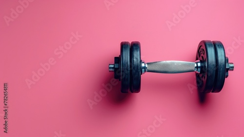 Black dumbbell lies on vibrant pink background with ample space right side photo