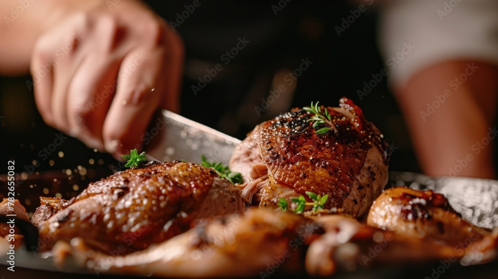 Person garnishing cooked meat with herbs on grill