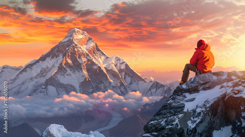 Person in red jacket sitting on mountain edge watching sunrise over high peak