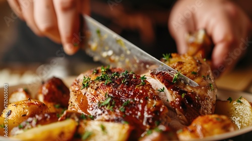 Close-up of hands carving roasted chicken with herbs and potatoes on plate photo