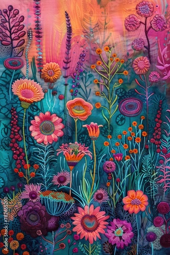 bohemian garden, free motion machine embroidered using layers of hand dyed silk, illustration made with Generative Ai