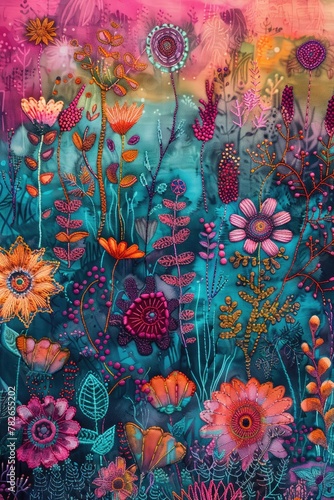 bohemian garden, free motion machine embroidered using layers of hand dyed silk, illustration made with Generative Ai