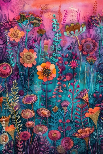 bohemian garden, free motion machine embroidered using layers of hand dyed silk, illustration made with Generative Ai