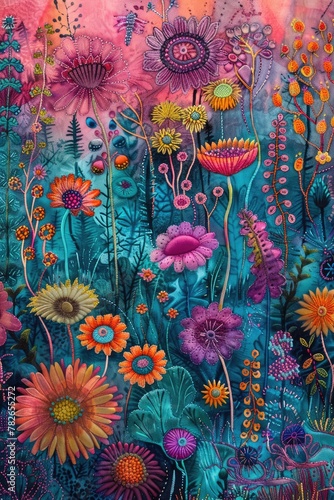 bohemian garden, free motion machine embroidered using layers of hand dyed silk, illustration made with Generative Ai