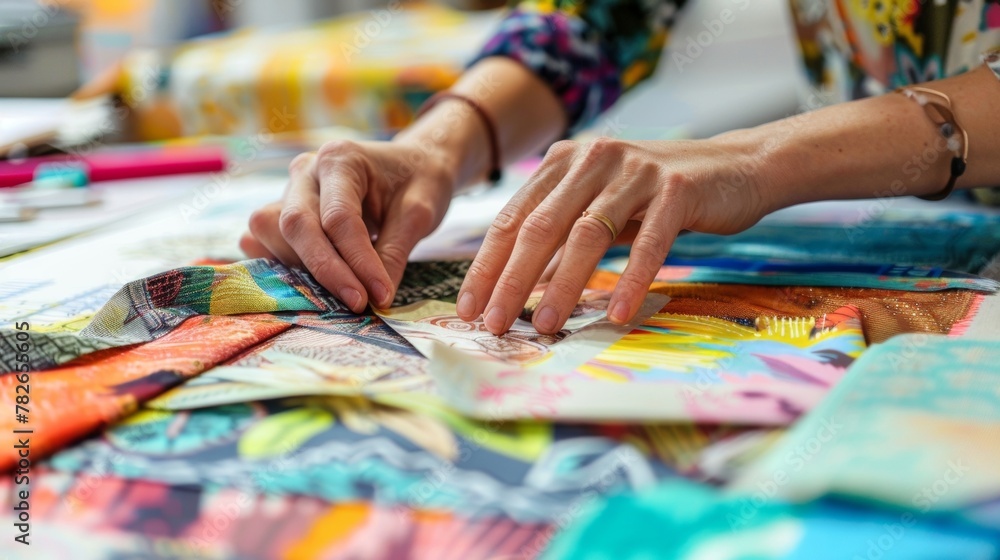 A closeup shot captures a designers hands delicately arranging different swatches of fabrics and papers constructing a colorful and textured collage. The carefully selected pieces . A closeup shot captures a designers hands delicately arranging different swatches of fabrics and papers constructing a colorful and textured collage. The carefully selected pieces .