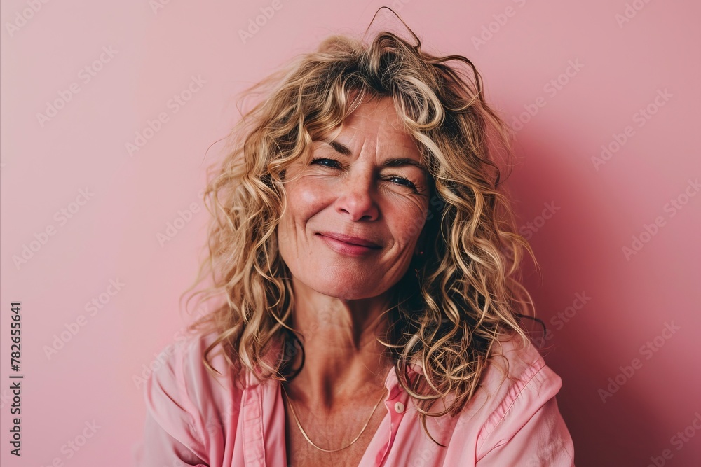 Portrait of a senior woman with blond curly hair looking at the camera over pink background Portrait of a senior woman with blond curly hair looking at the camera over pink background
