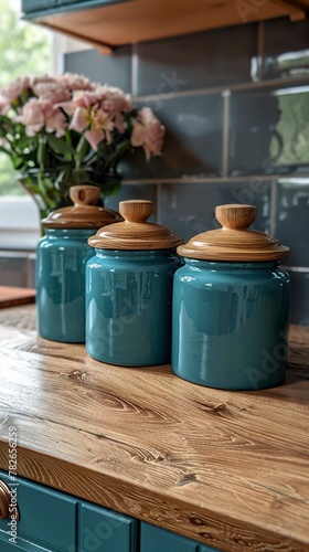 Set of storage containers made from teal stoneware ceramic in sophisticated, rustic charm. Ceramics with a deep, earthy tone with a touch of authenticity.