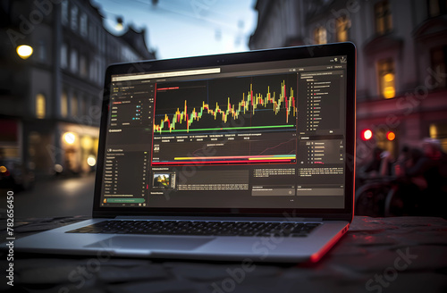 A stock market graph on the screen of an open laptop