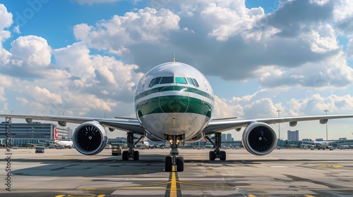 In a bustling airport the smell of jet fuel is rep by the distinct scent of biofuel as a passenger jet prepares for takeoff. The green and white stripes on its exterior symbolize the .