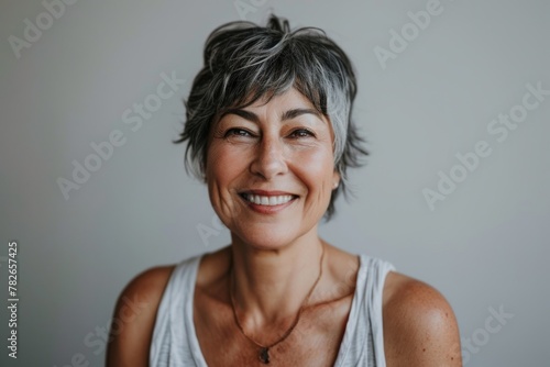 Portrait of a happy senior woman with gray hair smiling at the camera