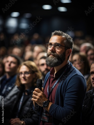 Man asking a question in microphone at technology conference.