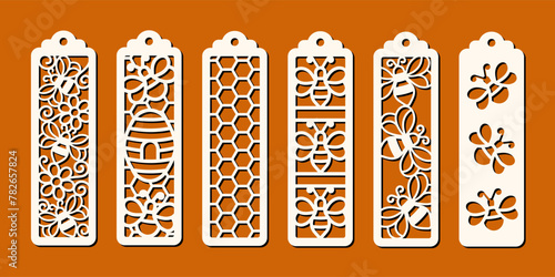 Set of vertical bookmarks with bee pattern. Laser cut template. Decorative bookmark stencil for paper,  wood and metal cutting. Vector design.